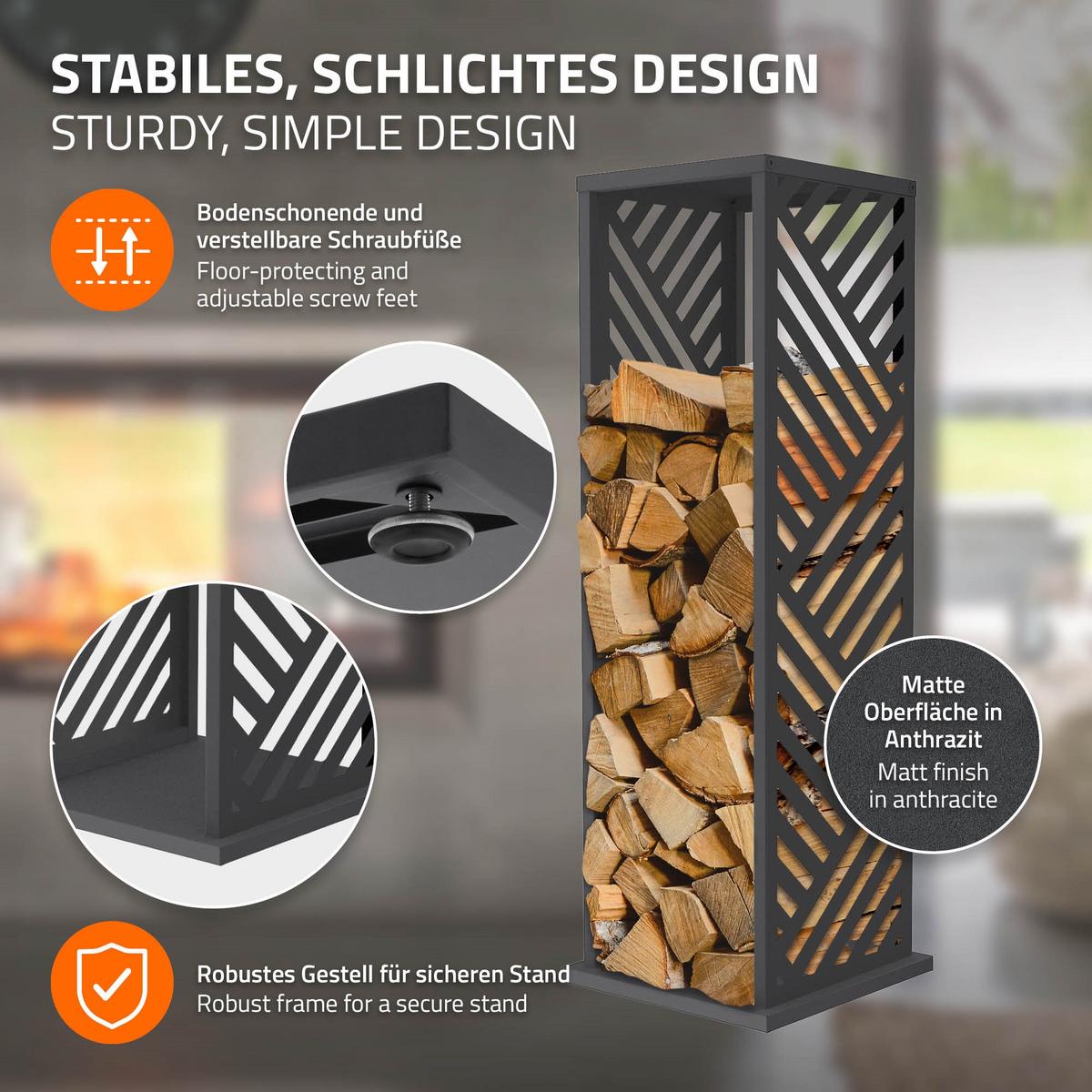 KAMINHOLZREGAL Innen Außen Brennholzregal 37,5x37,5x112 cm Stahl Verzinkt Anthrazit Streifen-Motiv - Anthrazit, Metall (37.5/112/37.5cm) - ML-DESIGN