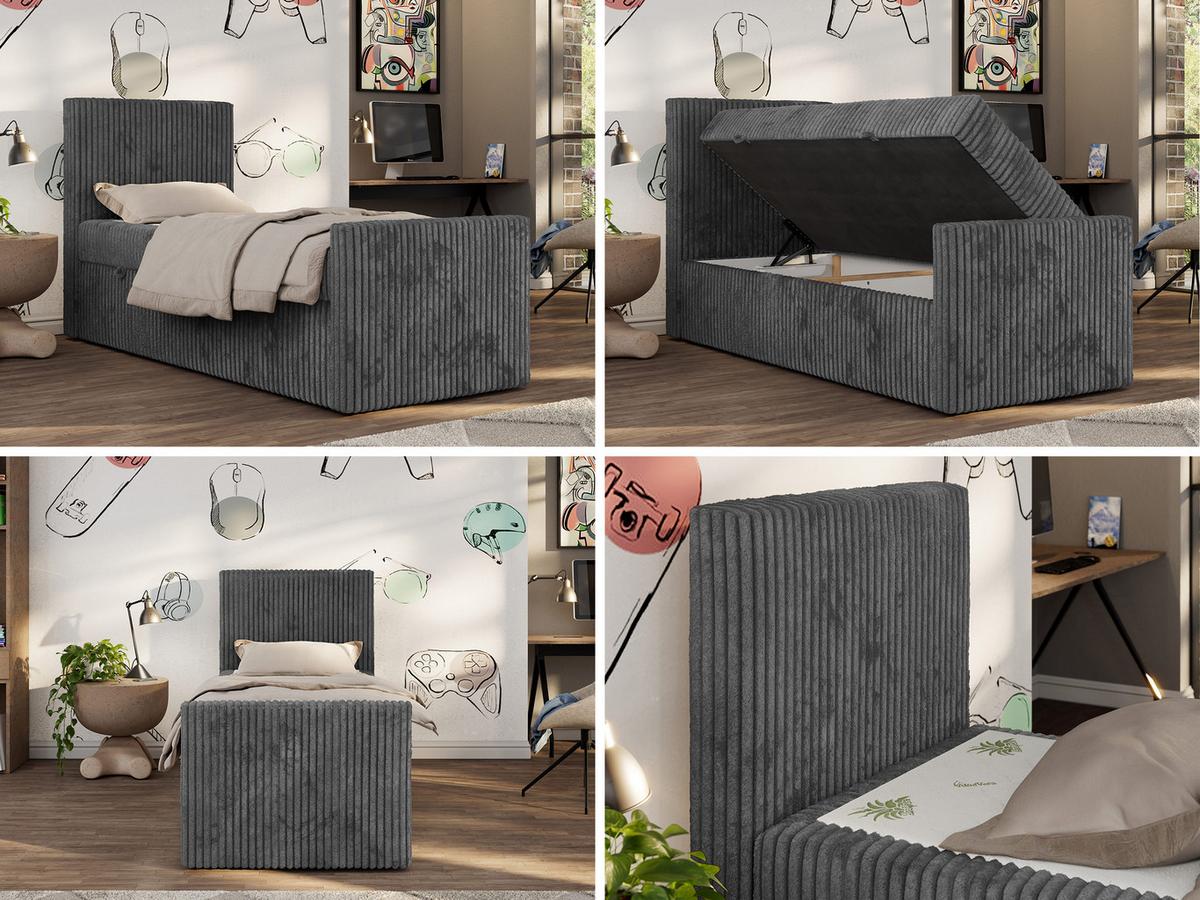 JUGENDBETT TILIO DUO 90/200 - Grau Cord - H4 - Links Seite - Grau, Textil (90/200cm) - MKS