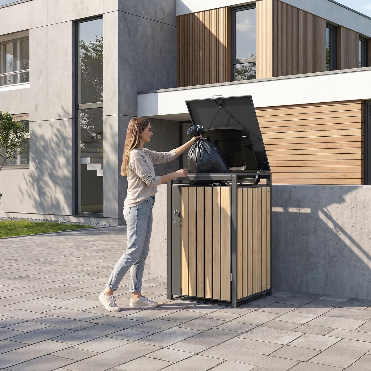 MÜLLTONNENBOX 1er Anthrazit-Holzoptik - Naturfarben, Metall (68/120/80cm) - ML-DESIGN