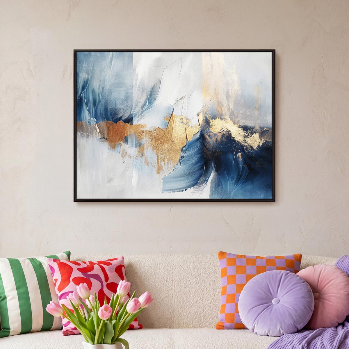 LEINWAND Bilder mit Rahmen - Gold - Blau - Aquarell - Kunst - Modern - 70x50 - Hellblau, Textil (70/50cm) - MuchoWow