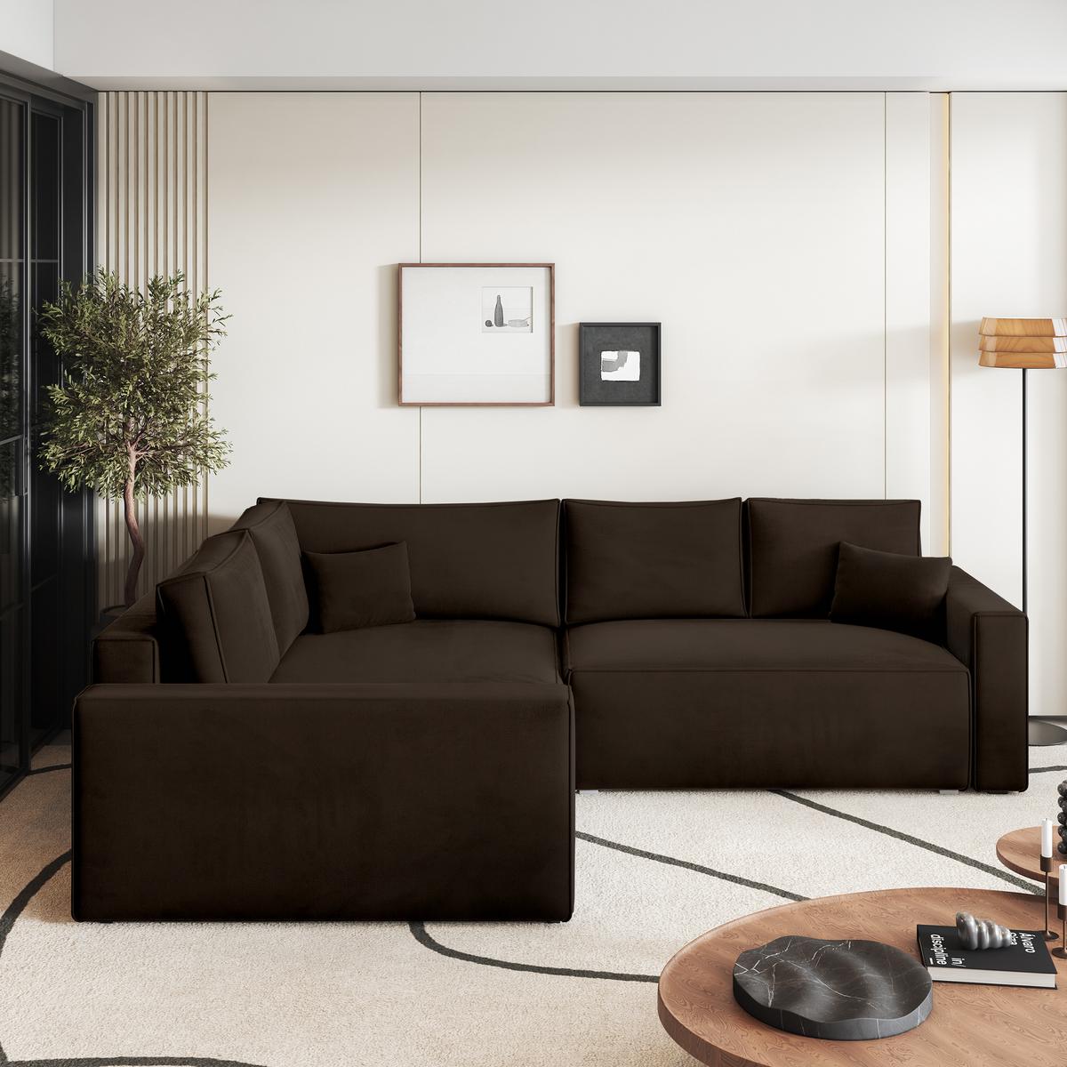 ECKSOFA ERONIS L-S Braun Velours-Stoff mit Schlaffunktion - Braun, Holz (265/194cm) - MASSENO