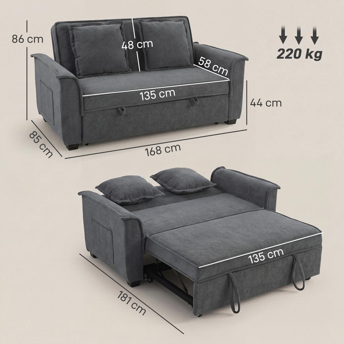SCHLAFSOFA Polyester Dunkelgrau - Dunkelgrau/Schwarz, Holz/Kunststoff (85/86/168cm) - HOMCOM