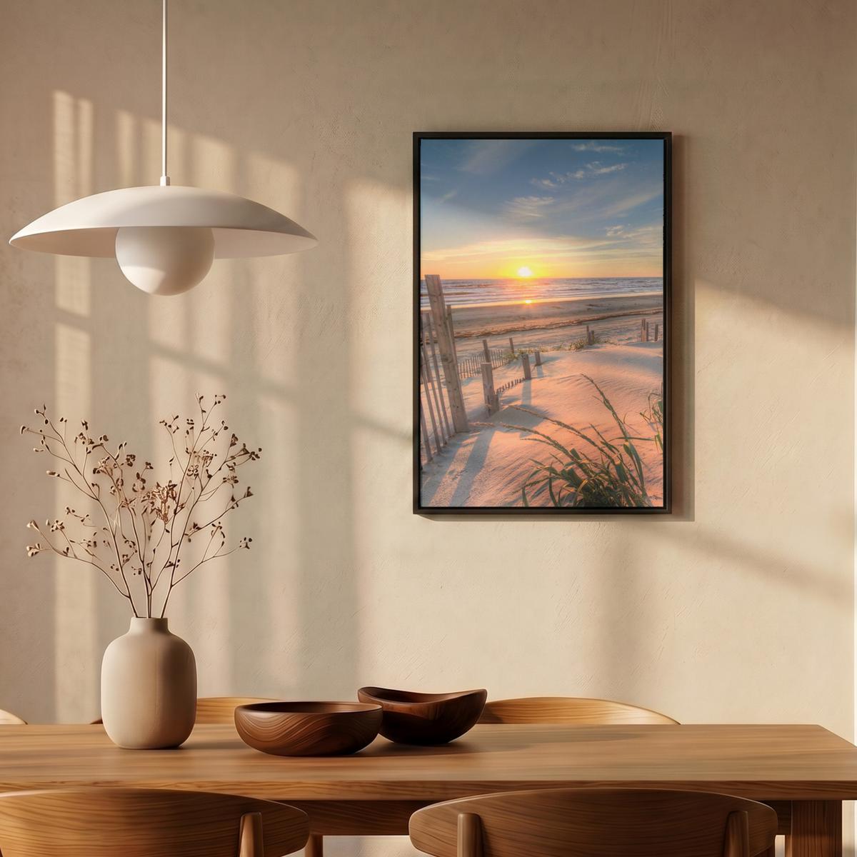 LEINWAND Bilder mit Rahmen - Strand - Meer - Düne - Sonnenuntergang - Landschaft - 40x60 - Beige, Textil (40/60cm) - MuchoWow