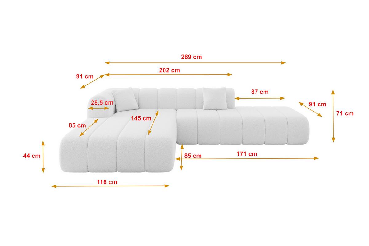 ECKSOFA Ottomane Links BILA-L 289x176x71 Weiß Bouclé - Schwarz/Weiß, Holzwerkstoff/Kunststoff (176/289cm) - ALTDECOR