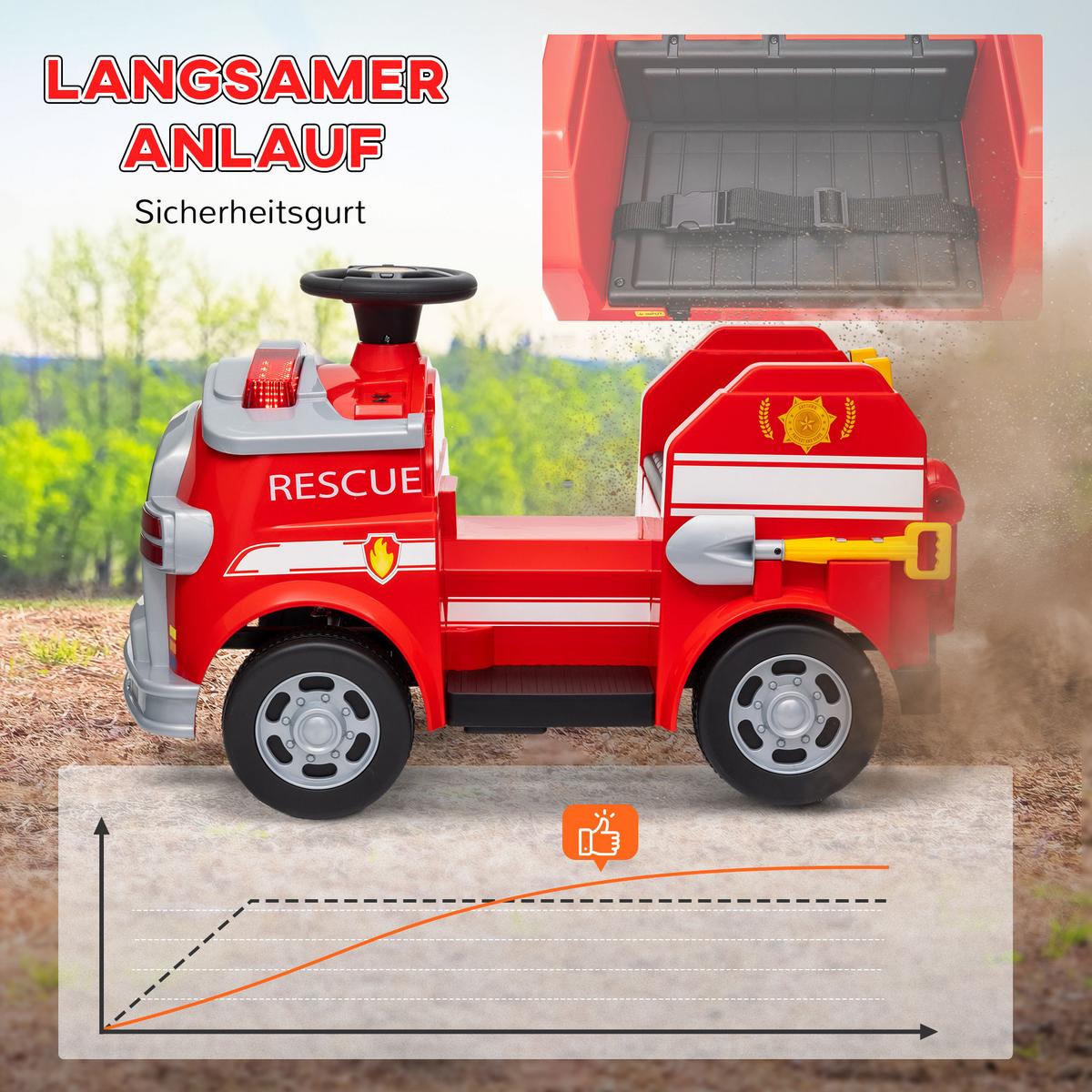 FEUERWEHRAUTO, max. 3 km/h, Sirene, Blaulicht, Werkzeuge, für Kinder 3-5 Jahre - Rot, Metall (86/49/52cm) - AIYAPLAY