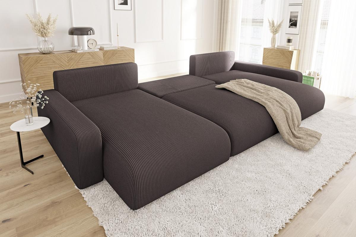 WOHNLANDSCHAFT Emma Dunkelbraun Cord - Dunkelbraun/Schwarz, Holz/Kunststoff (332/78/170cm) - S-Style Möbel