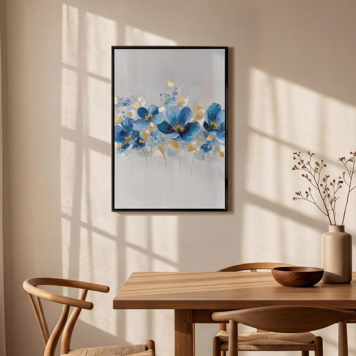 LEINWAND Bilder mit Rahmen - Blumen - Blau - Abstrakt - 60x90 - Hellgrau, Textil (60/90cm) - MuchoWow