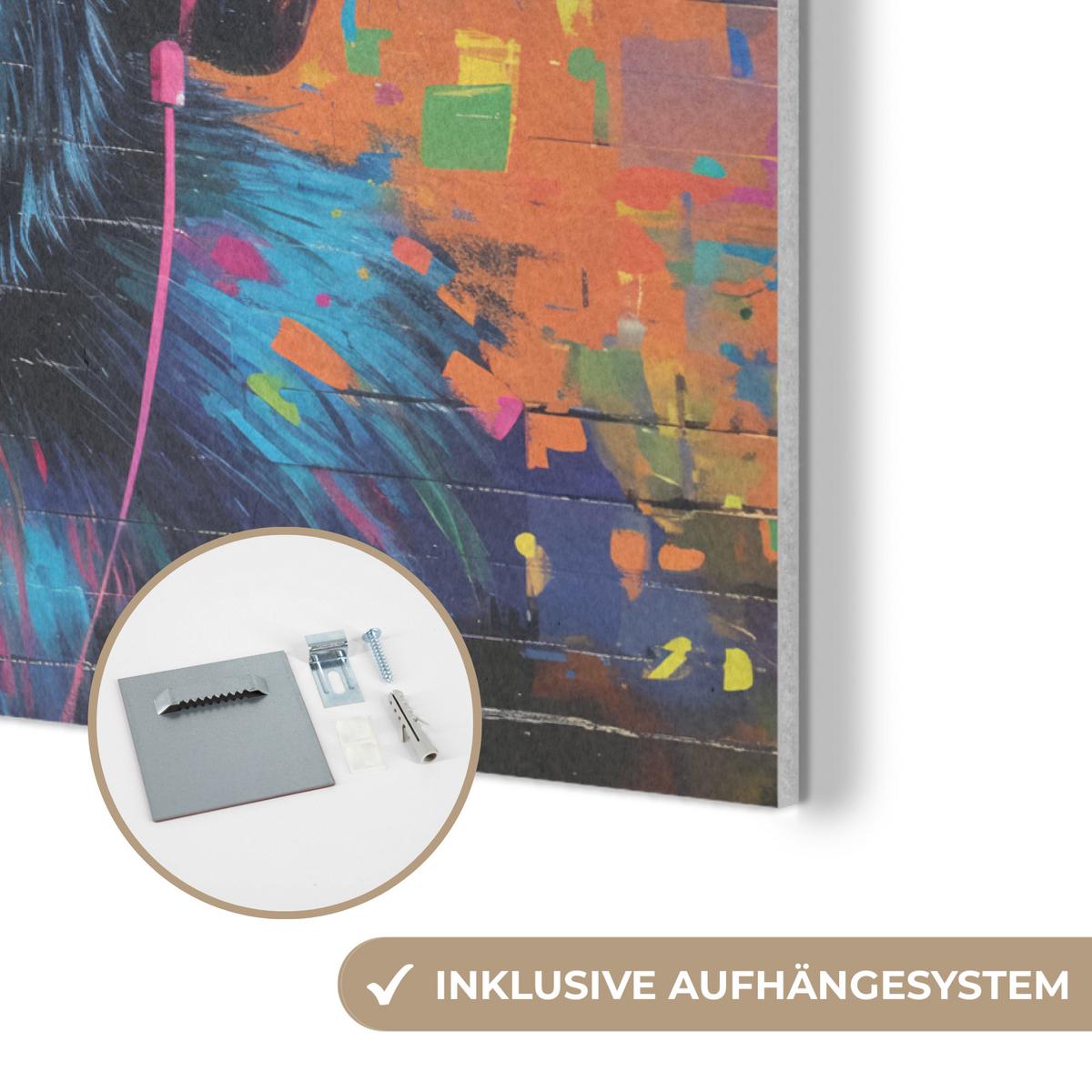 AKUSTIKBILD Graffiti - Schimpanse - Straßenkunst - Kopfhörer - Affe Wanddeko 70x50 cm - Blau, Kunststoff (70/50/0.9cm) - MuchoWow