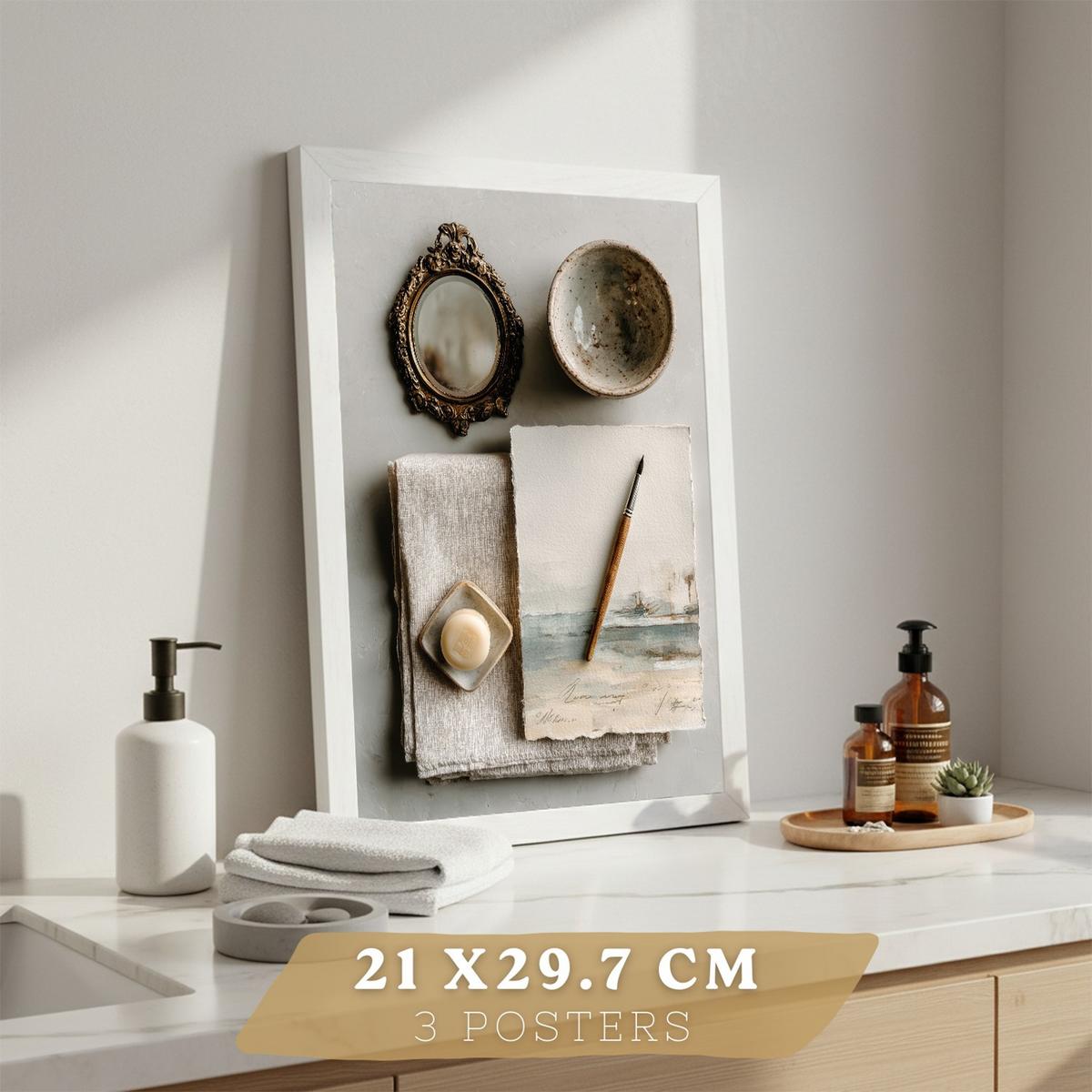 POSTER 3er-Set moderne Badezimmer-Wandposter, Entspannungsposter im Spa-Stil WC mit Steinen, Kerzen und Salzen, Zen-Dekoration Rahmenlos A4 - Klar, Papier (29.7/21/3cm) - Nacnic