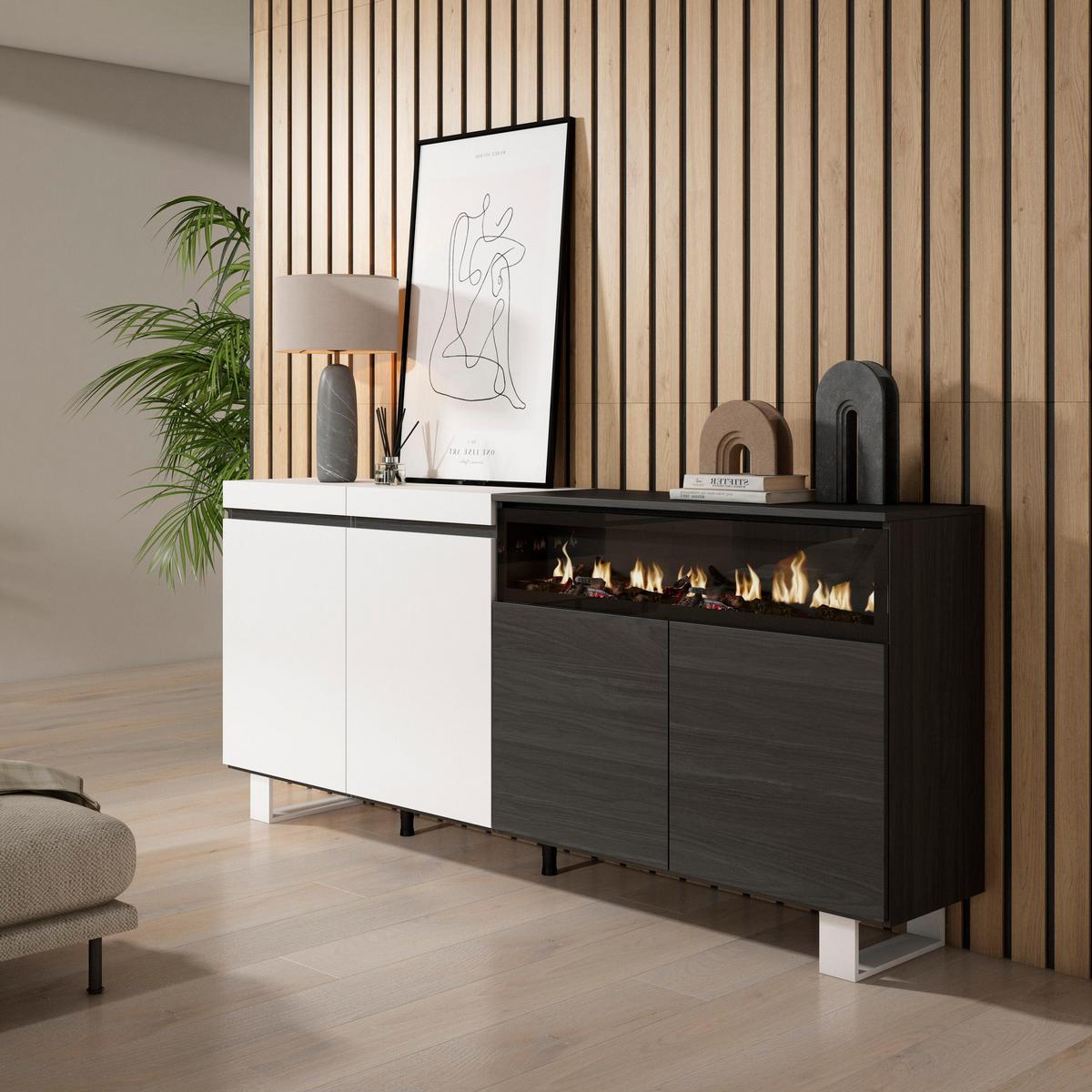 SIDEBOARD Elektrokamin, weiß und schwarz, 200/35/87cm - Multicolor/Schwarz, Holzwerkstoff (200/87/35cm) - Skraut Home