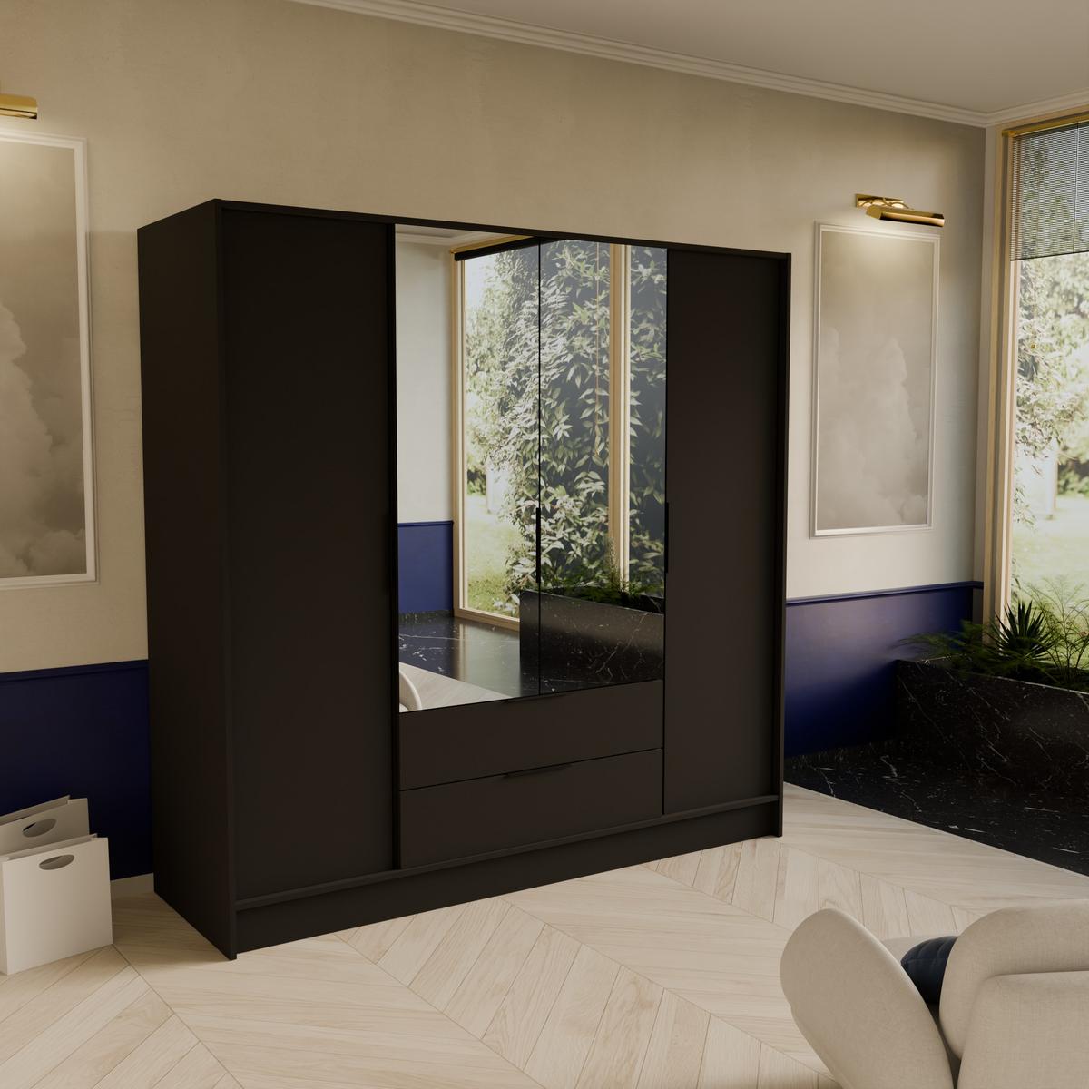 DREHTÜRENSCHRANK CAVA 200/200/51 cm Modern Kleiderschrank 3-türig mit Spiegel Schwarz - Schwarz, Holzwerkstoff (200/200/51cm) - MASSENO