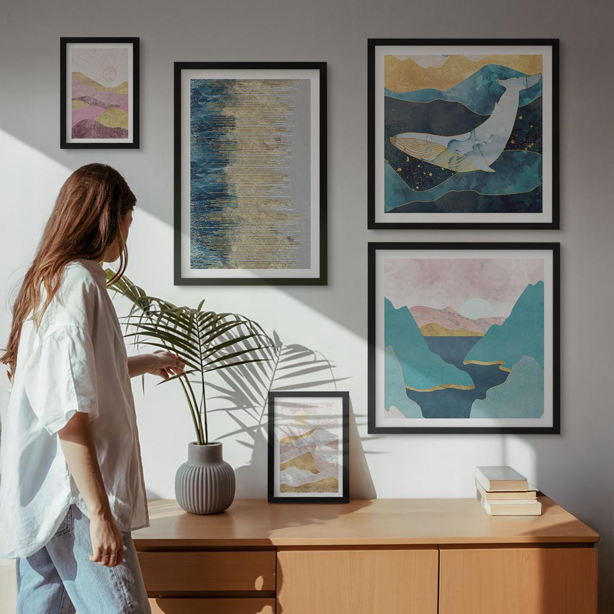 BILDER SET 5er Set - 50x50 cm & 20x30 cm & 40x60 cm Schwarzer Rahmen - Abstrakte Berge Sonne - Schwarz, Kunststoff (40/60cm) - TULUP