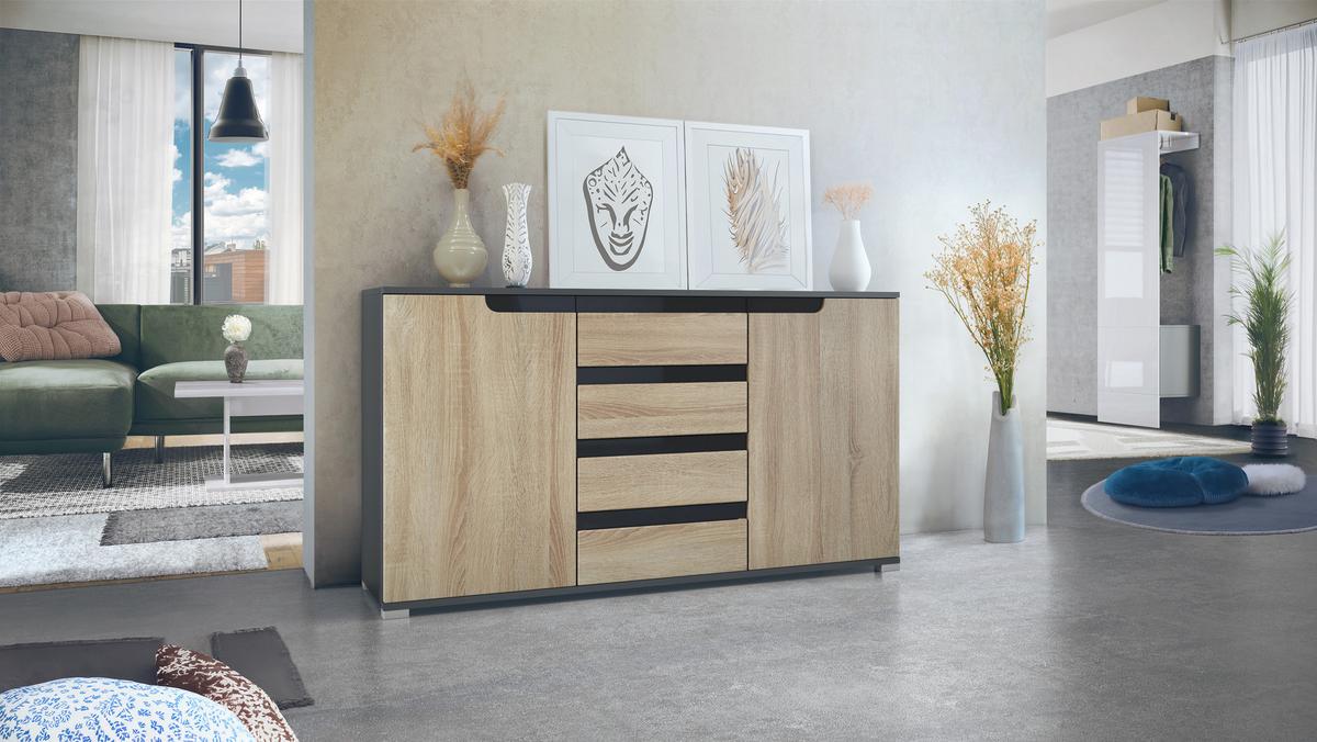 SIDEBOARD Sylt Eiche sägerau / Schwarz Hochglanz - Eiche San Remo, Holzwerkstoff (138.5/75.5/35cm) - Vladon