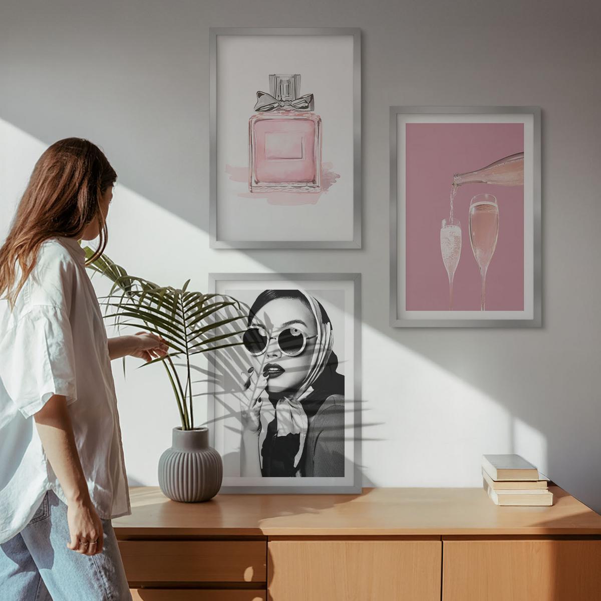 BILDER SET 3er Set - 40x60 cm Silberner Rahmen - Stilvolle pinkfarbene Accessoires - Silberfarben, Kunststoff (40/60cm) - TULUP