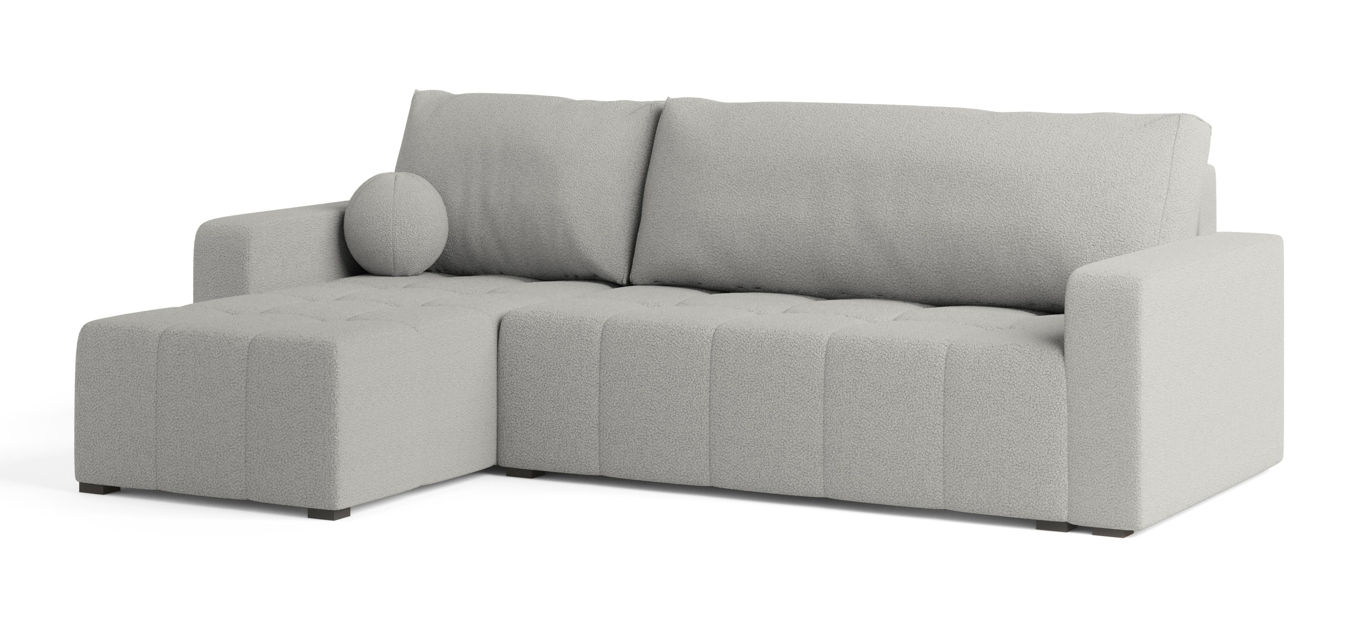 ECKSOFA VOLIRA Hellgrau Boucle-Stoff mit Schlaffunktion - Hellgrau, Holz (230/143cm) - MASSENO