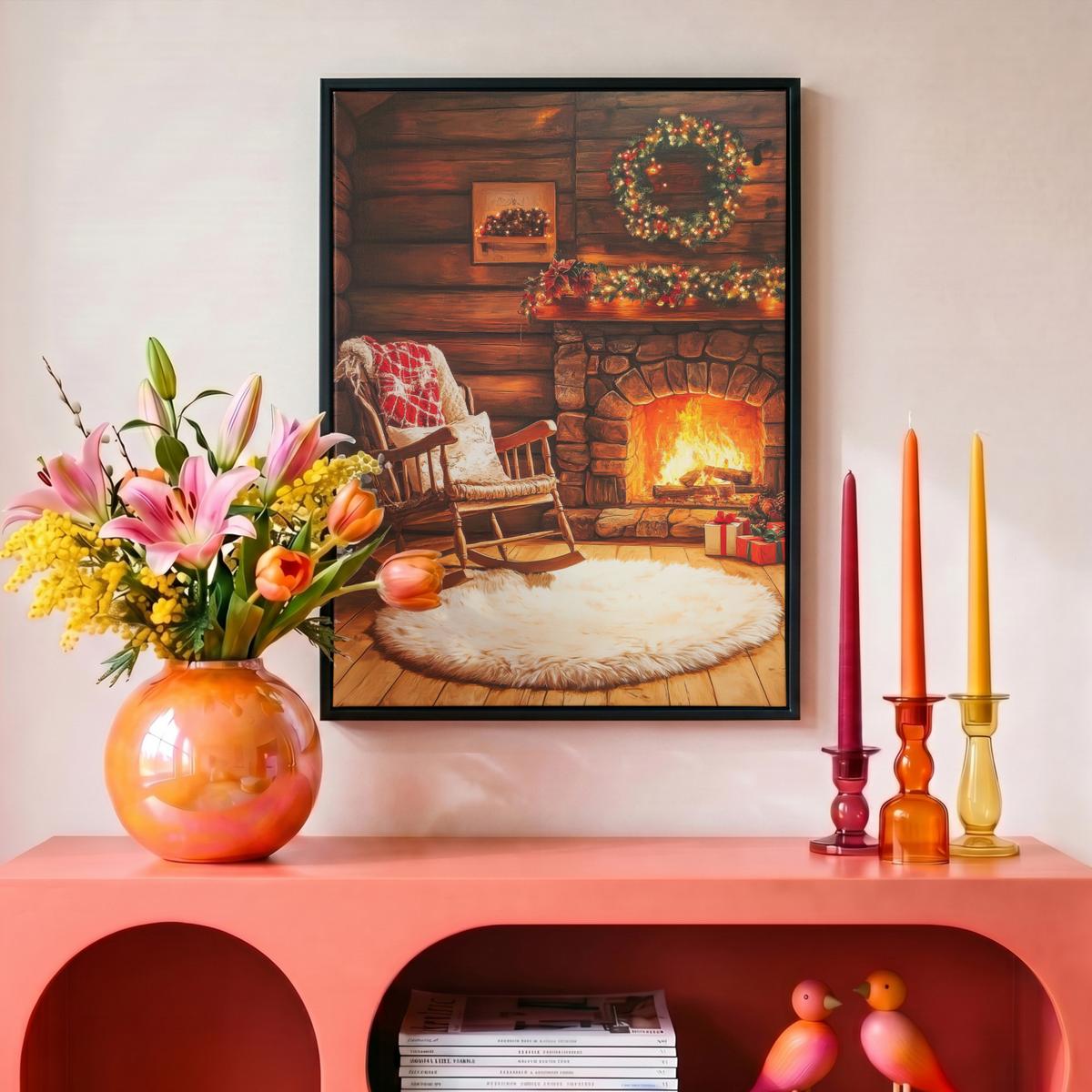 LEINWAND Bilder mit Rahmen - Winter - Weihnachten - Zuhause - Kamin - 30x40 - Bernsteinfarben, Textil (30/40cm) - MuchoWow