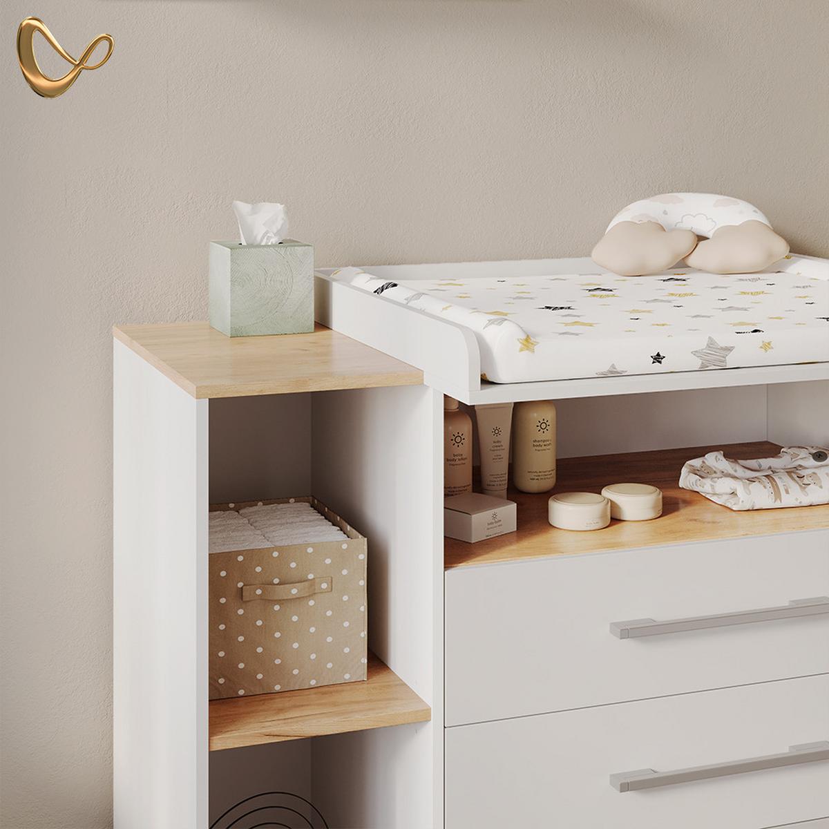WICKELKOMMODE Torino Weiß/Goldkraft Eiche mit 3 Schubladen - Honigeiche/Weiß, Holzwerkstoff (143.2/93/53.1cm) - Livinity®