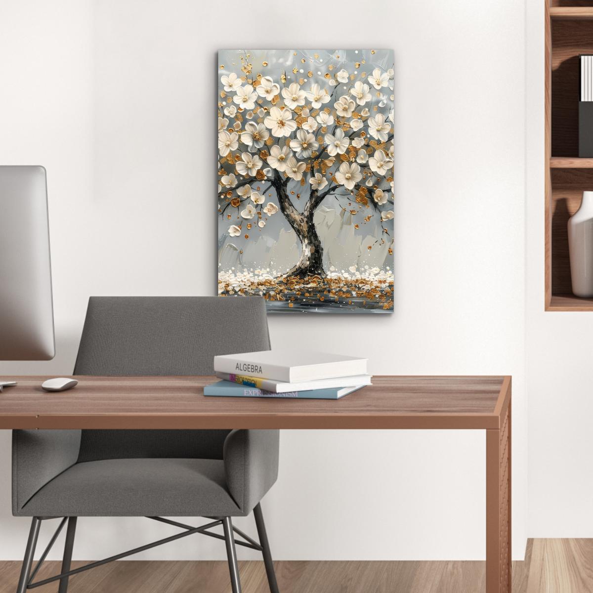 METALLBILD Baum - Blumen - Weiß - Natur - Kunst Deko Schlafzimmer 40x60 cm - Weiß, Metall (40/60cm) - MuchoWow