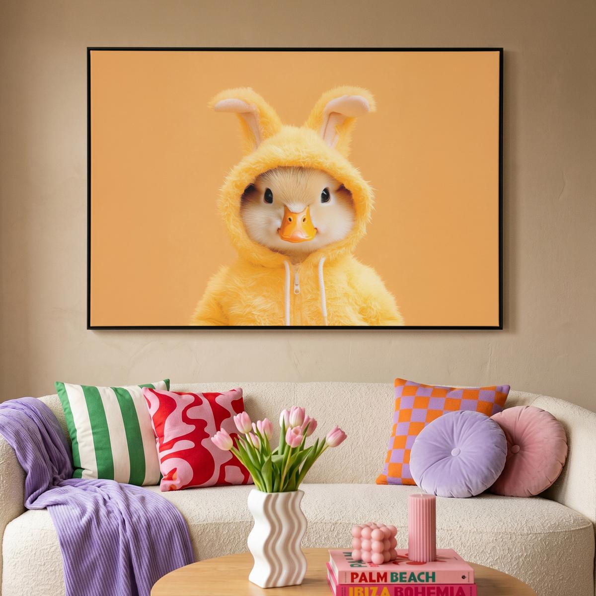 LEINWAND Bilder mit Rahmen - Osterhase - Kostüm - Ente - 150x100 - Gelb, Textil (150/100cm) - MuchoWow