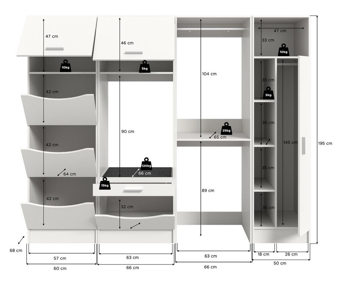 WASCHMASCHINENSCHRANK weiß Set 4-teilig 242 cm, Waschmaschinenumbau XXXL mit viel Stauraum - Silberfarben/Weiß, Glas/Holzwerkstoff (242/196/68cm) - Inn.Furn