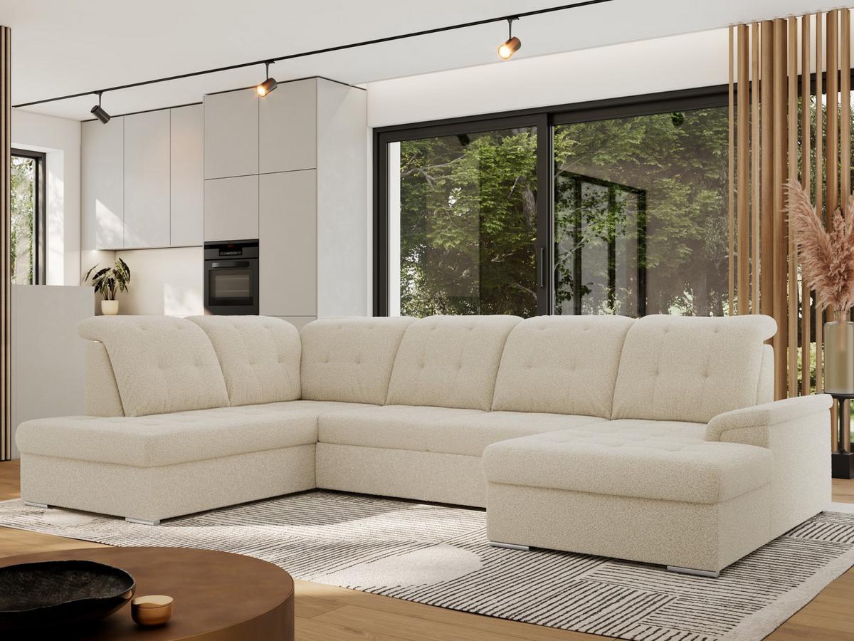 WOHNLANDSCHAFT MADRITO U - Beige Boucle - Links - Beige/Silberfarben, Textil/Metall (204/89/323cm) - MKS
