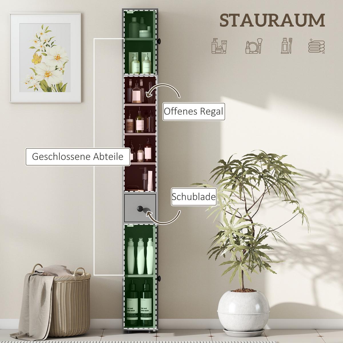 BADEZIMMERSCHRANK Spanplatte Grau - Schwarz/Grau, Karton/Holzwerkstoff (20/180/20cm) - Kleankin