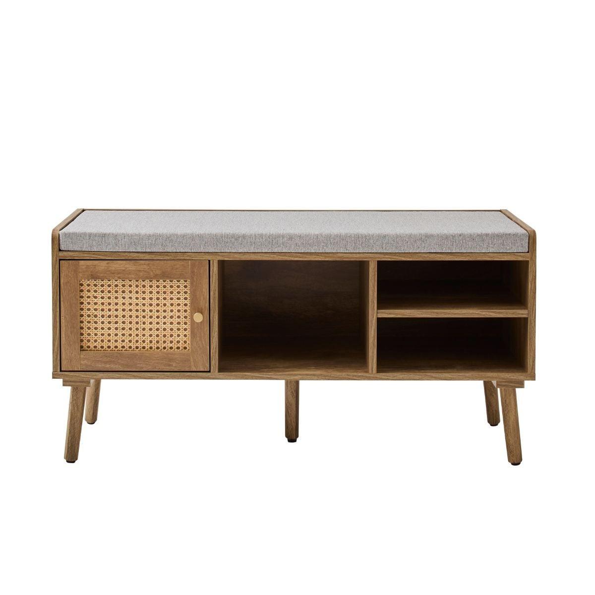 SCHUHBANK 1 Tür mit Rattanfront und 3 offenen Fächern L100 cm 39/100/49 cm - Eschefarben, Holzwerkstoff (46/49/39cm) - Calicosy