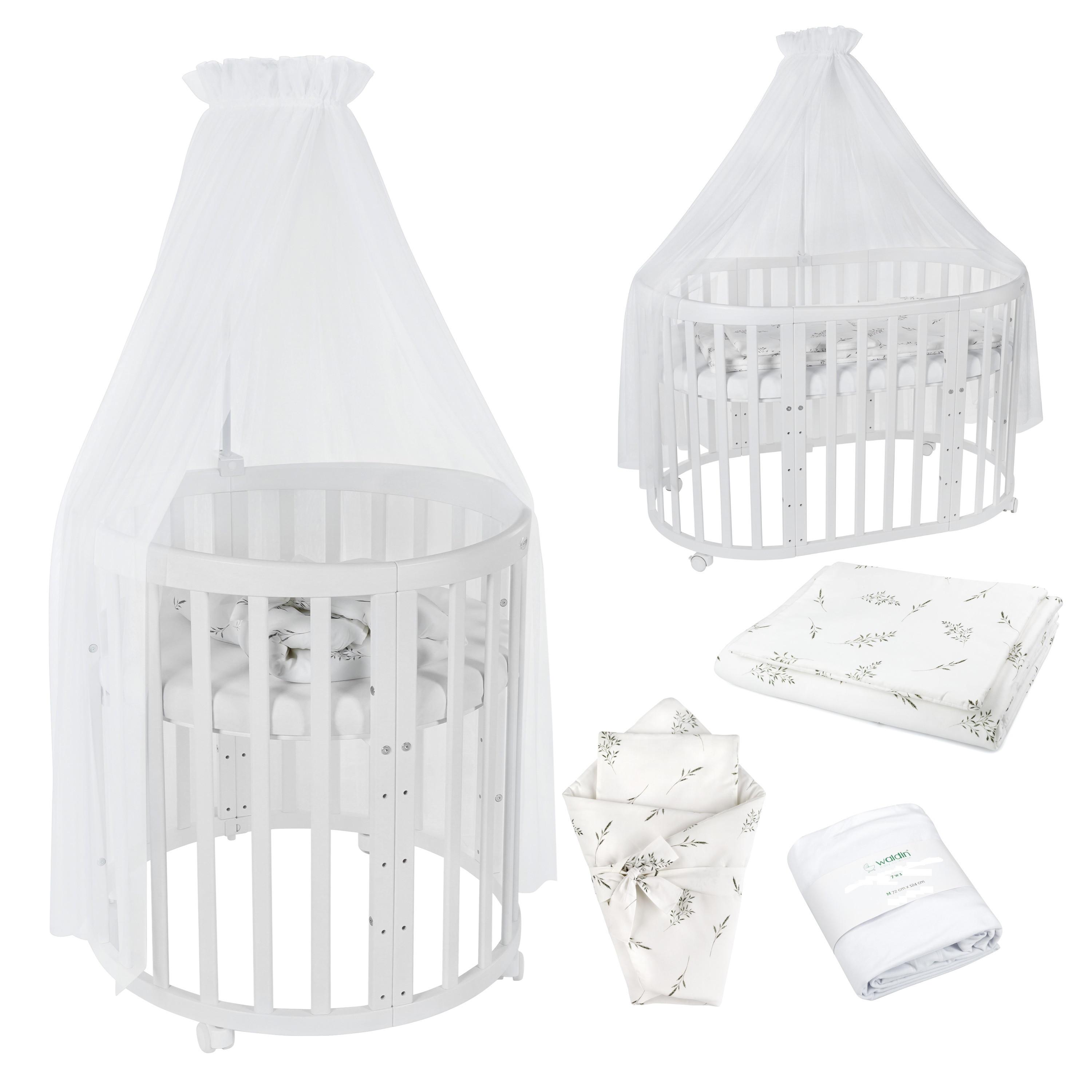 BABYBETT WHITE OVAL 7in1 mit Matratze und Himmelset - Weiß, Holz/Textil (73/125cm) - waldin