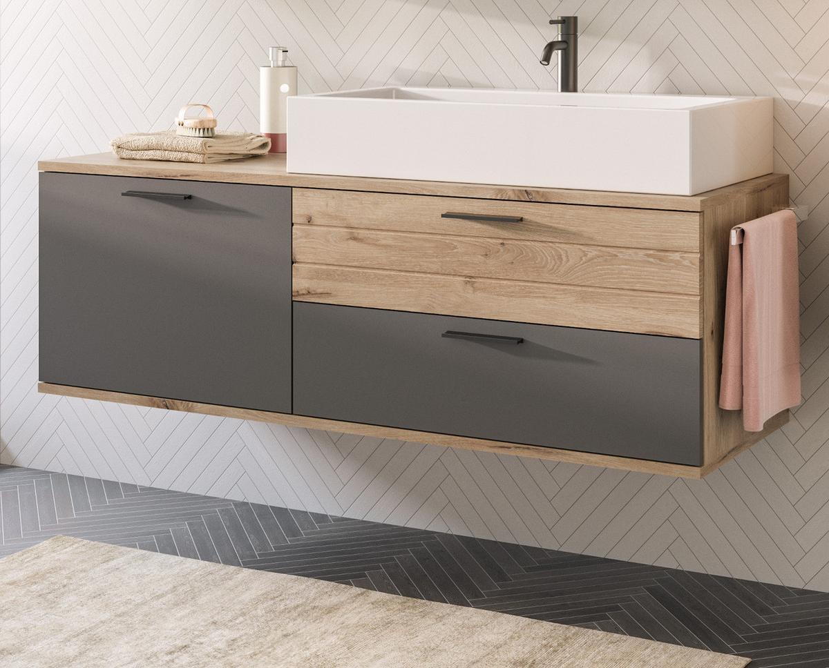 WASCHTISCHKOMBI Eiche, grau 140 cm inklusive Waschbecken, Soft-Close - Eichefarben/Schwarz, Keramik/Holzwerkstoff (140/62/48cm) - Inn.Furn