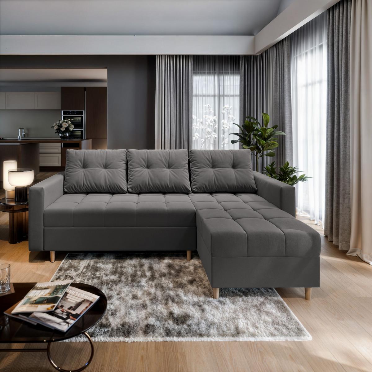 ECKSOFA MILO L Grau Plüsch-Stoff mit Schlaffunktion - Braun/Grau, Holz/Textil (220/140cm) - MASSENO