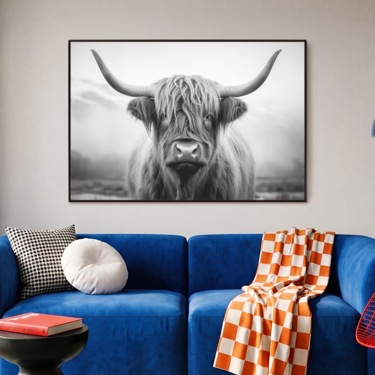 LEINWAND Bilder mit Rahmen - Schottischer Highlander - Nebel - Schwarz - Weiß - 90x60 - Grau, Textil (90/60cm) - MuchoWow