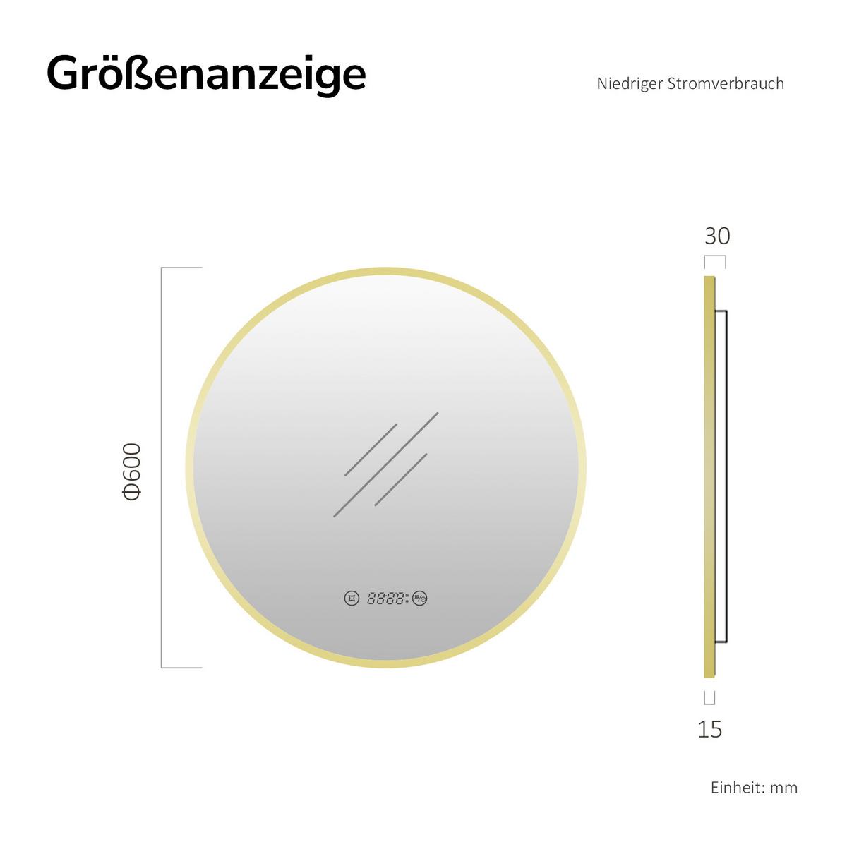 BADSPIEGEL mit LED-Beleuchtung Anti-Beschlag Zeitanzeige Goldfarben Ø 60 cm - Goldfarben, Glas (60/3/3cm) - EMKE