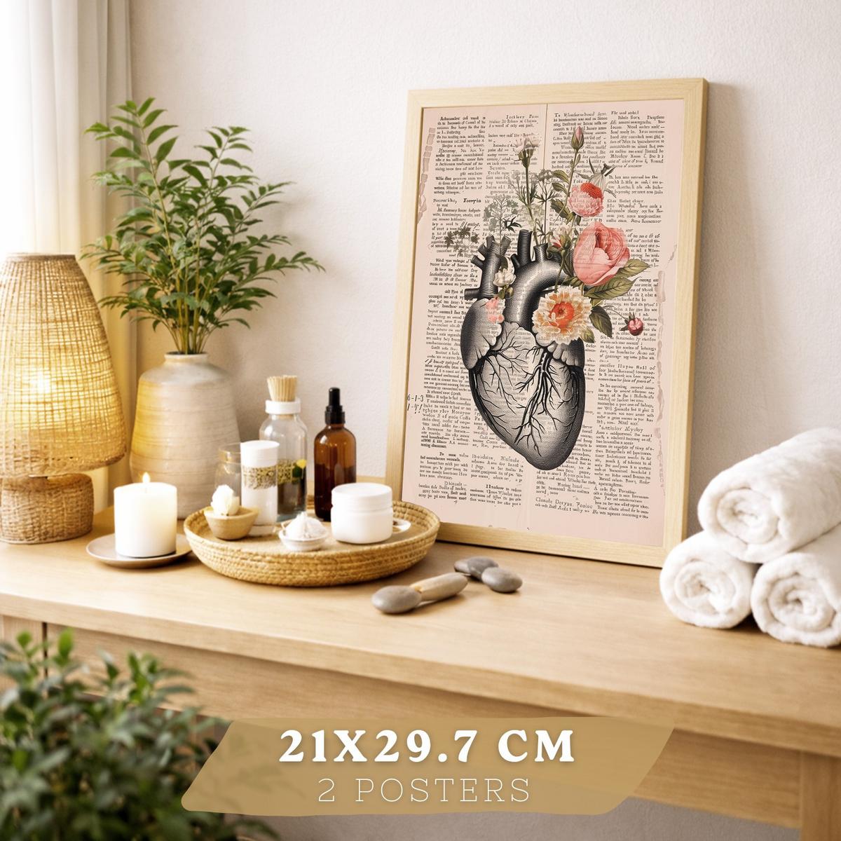 POSTER Set aus 2 Anatomie Mensch Drucke und Wandbilder mit Verdauungssystem Darm und Herz Klassisches Florales Design Größe Leichter Holzrahmen A4 - Beige, Papier (21/29.7/3cm) - Nacnic