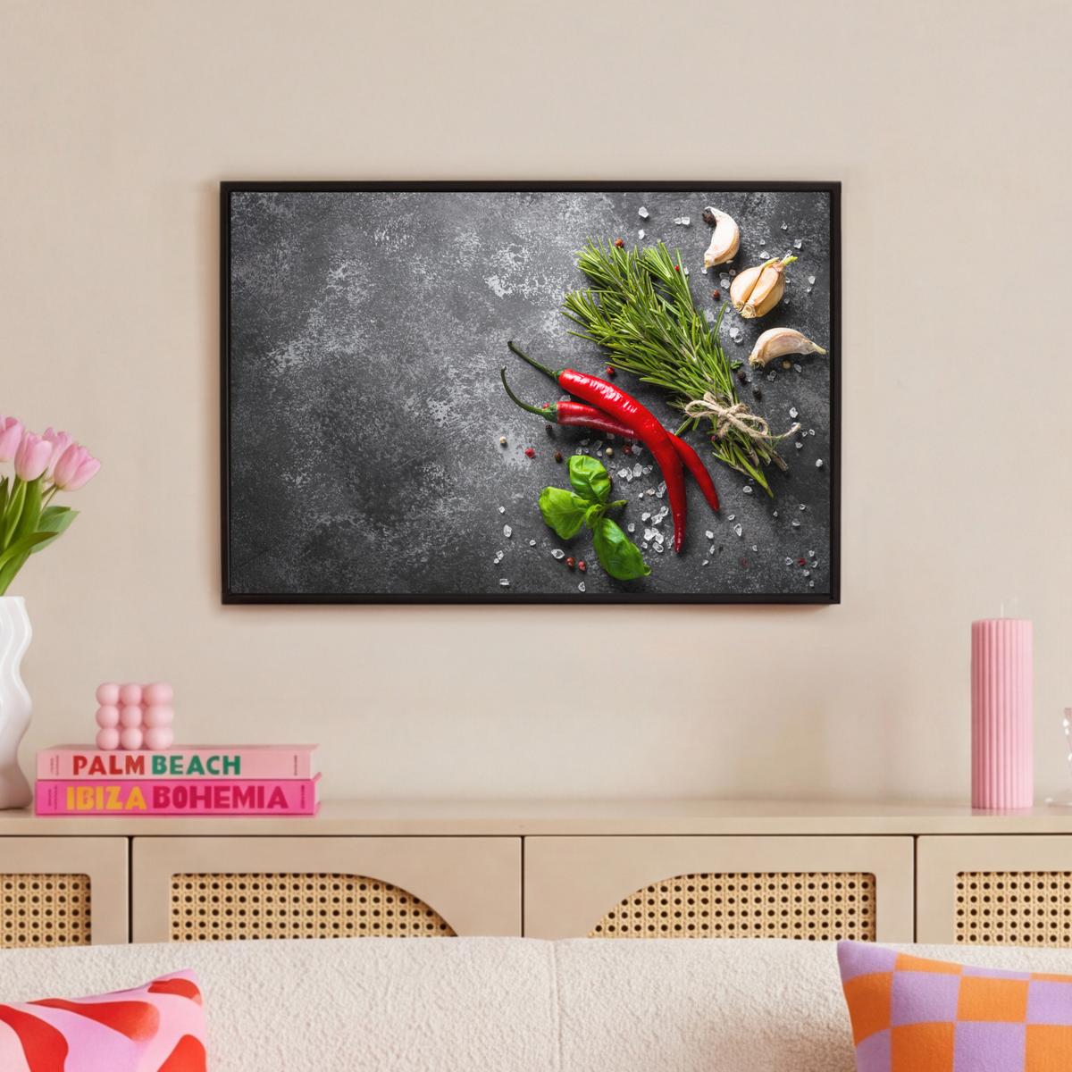 LEINWAND Bilder mit Rahmen - Pfeffer - Kräuter - Gewürze - Beton - 60x40 - Dunkelgrau, Textil (60/40cm) - MuchoWow