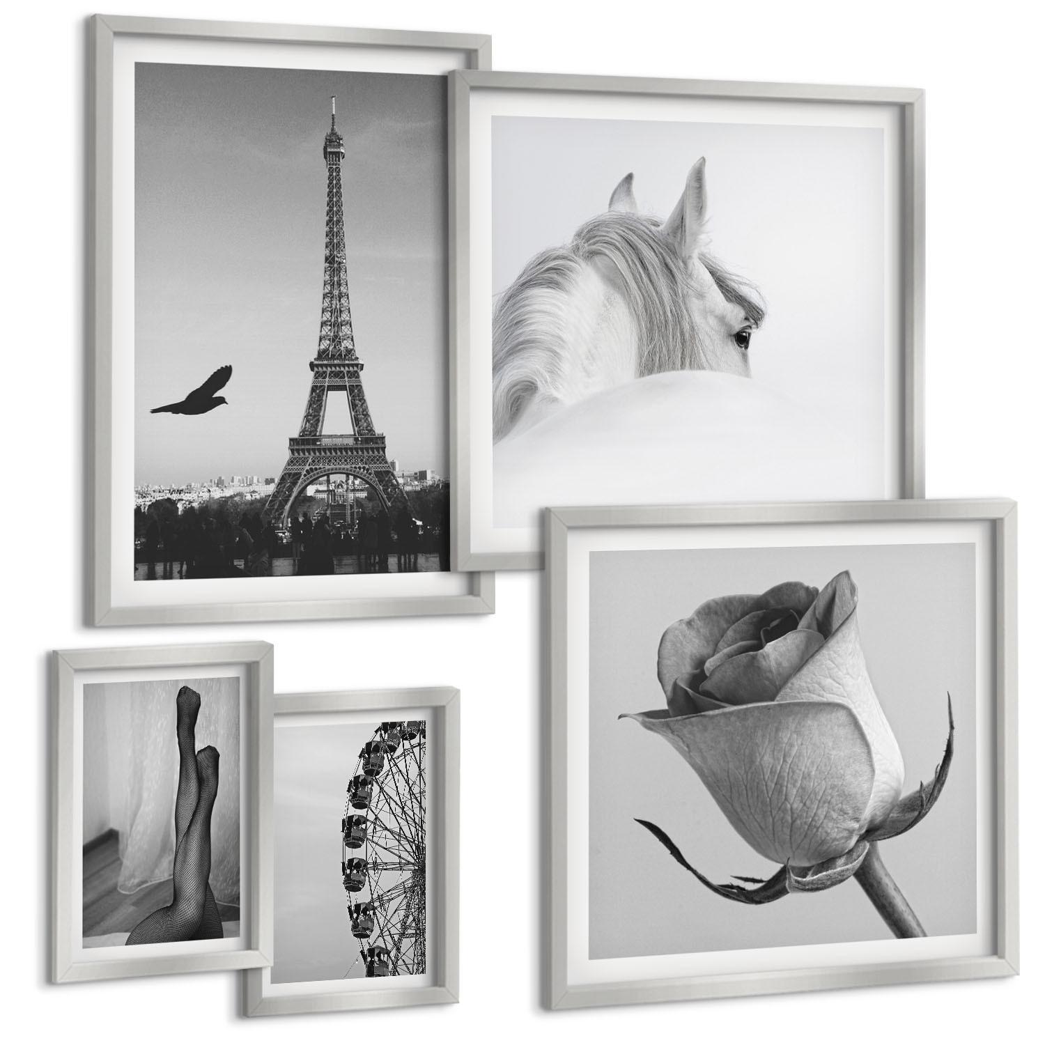 BILDER SET 5er Set - 50x50 cm & 20x30 cm & 40x60 cm Silberner Rahmen - Abstrakte warme Muster - Silberfarben, Kunststoff (40/60cm) - TULUP