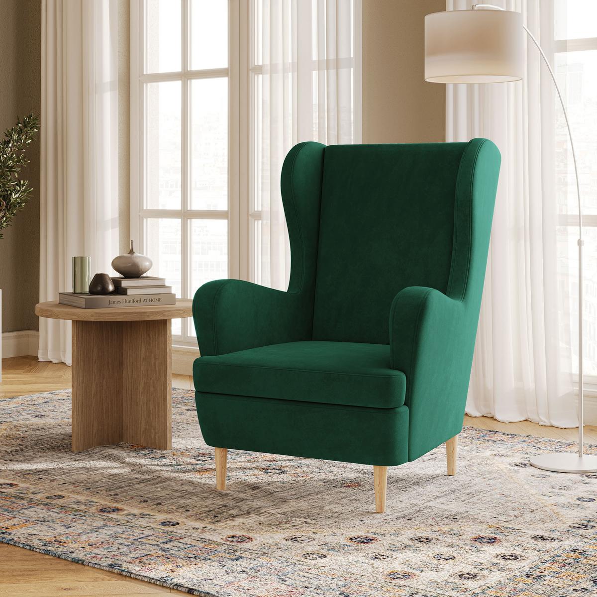 SESSEL VOGERA Ohrensessel Polstersessel, Grün - Eichefarben/Grün, Holzwerkstoff (78/103/85cm) - MASSENO