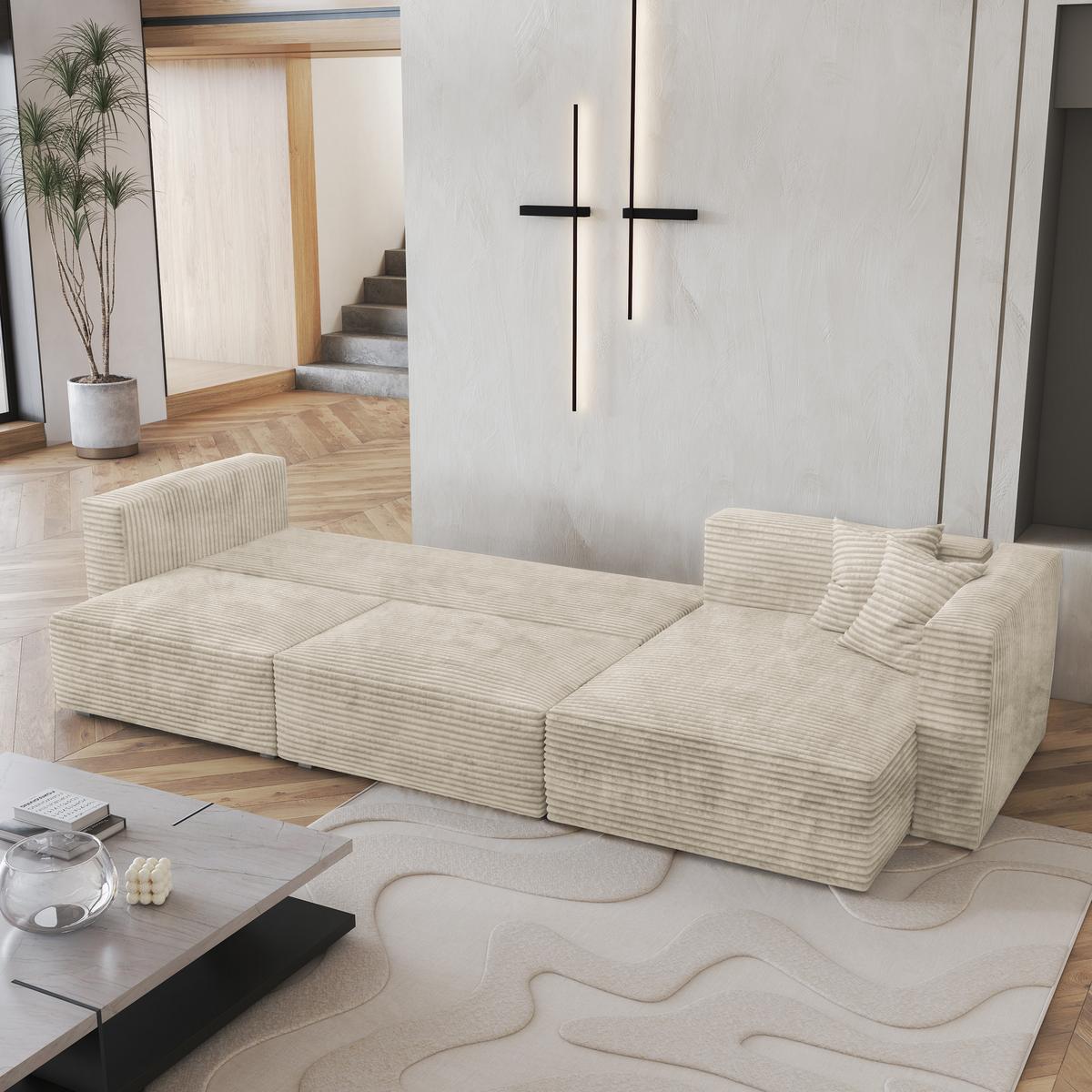 ECKSOFA TOLMO Creme Kordstoff mit Schlaffunktion - Creme/Grau, Holz/Kunststoff (347/148cm) - MASSENO