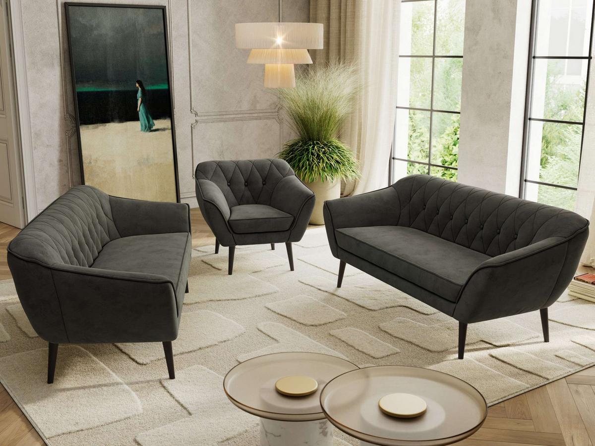 SITZGARNITUR PIRS 3+3+1 - Dunkelgrau Velvet - Schwarze Beine - Dunkelgrau/Schwarz, Holzwerkstoff/Textil (180/75/74cm) - MKS