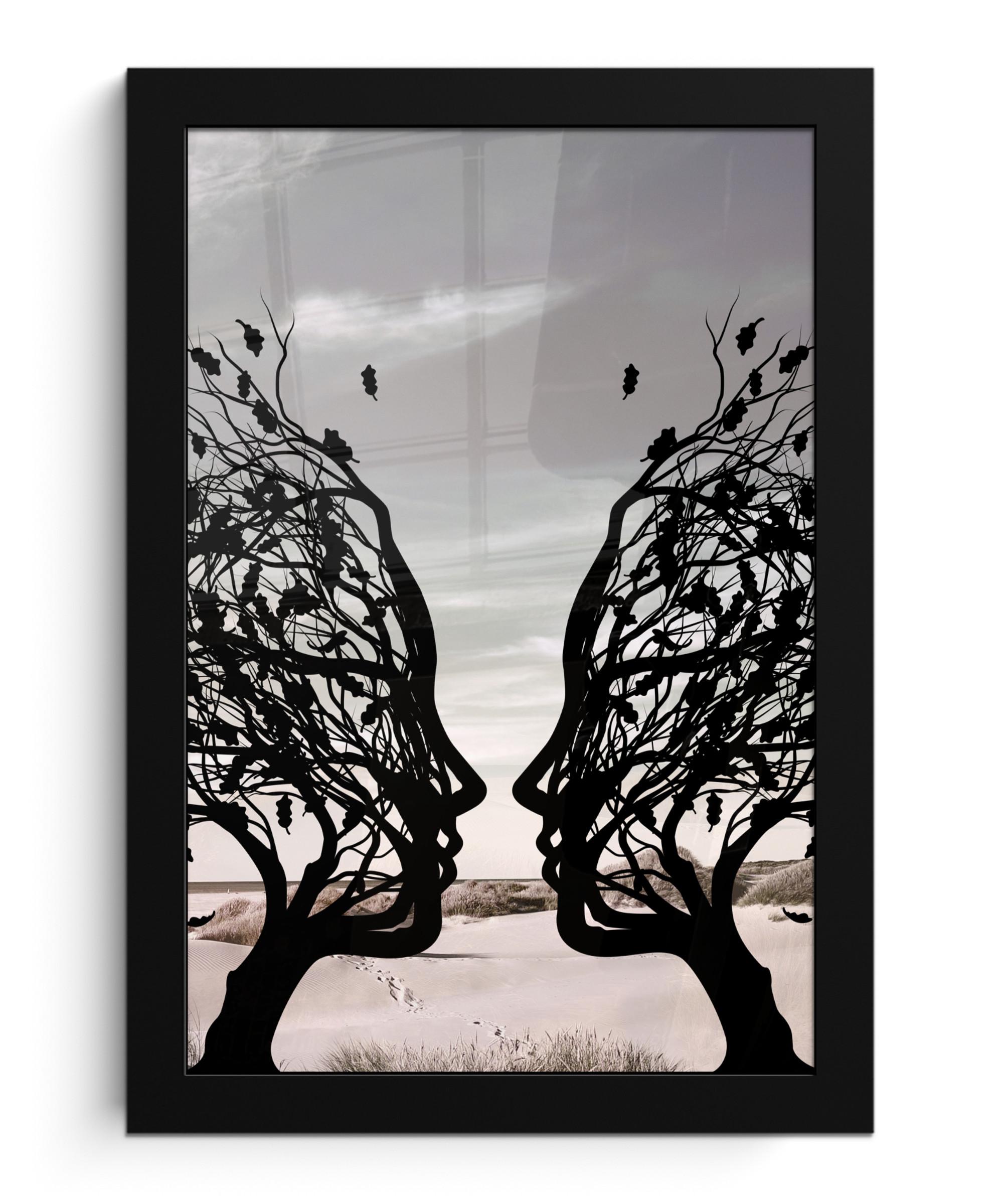 POSTER MIT RAHMEN Strand - Meer - Menschen - Baum - Moderne Kunst Poster 20x30 cm - Hellgrau, Papier (20/30cm) - MuchoWow