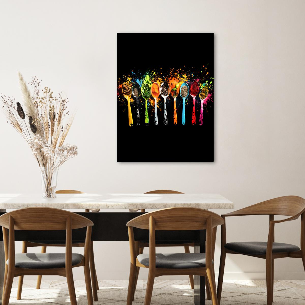 LEINWANDBILD Löffel - Gewürze - Modern - Graffiti - Farbe - Farbenfroh Wandbild Wohnzimmer 60x80 cm - Multicolor, Textil (60/80cm) - MuchoWow