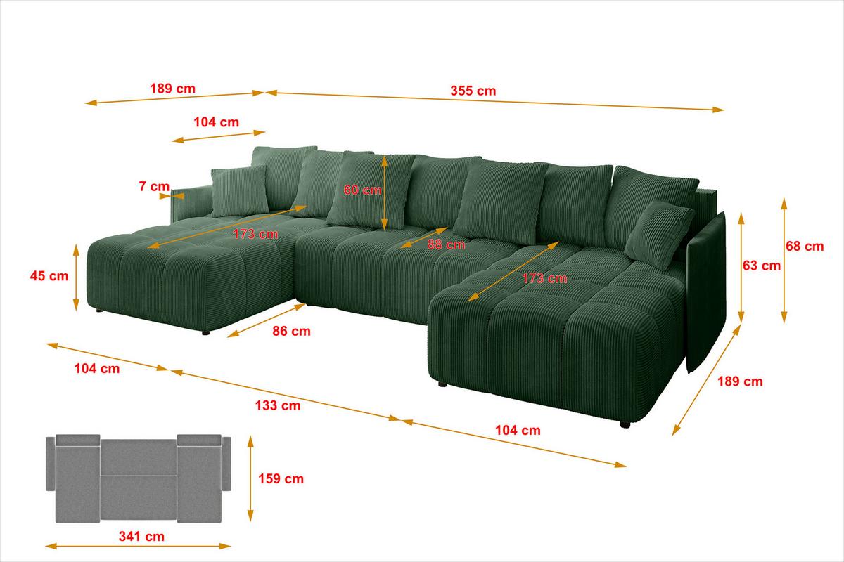 WOHNLANDSCHAFT LONLI-U 355x189x68 Grün Cord - Grün, Holzwerkstoff/Kunststoff (355/68/189cm) - ALTDECOR