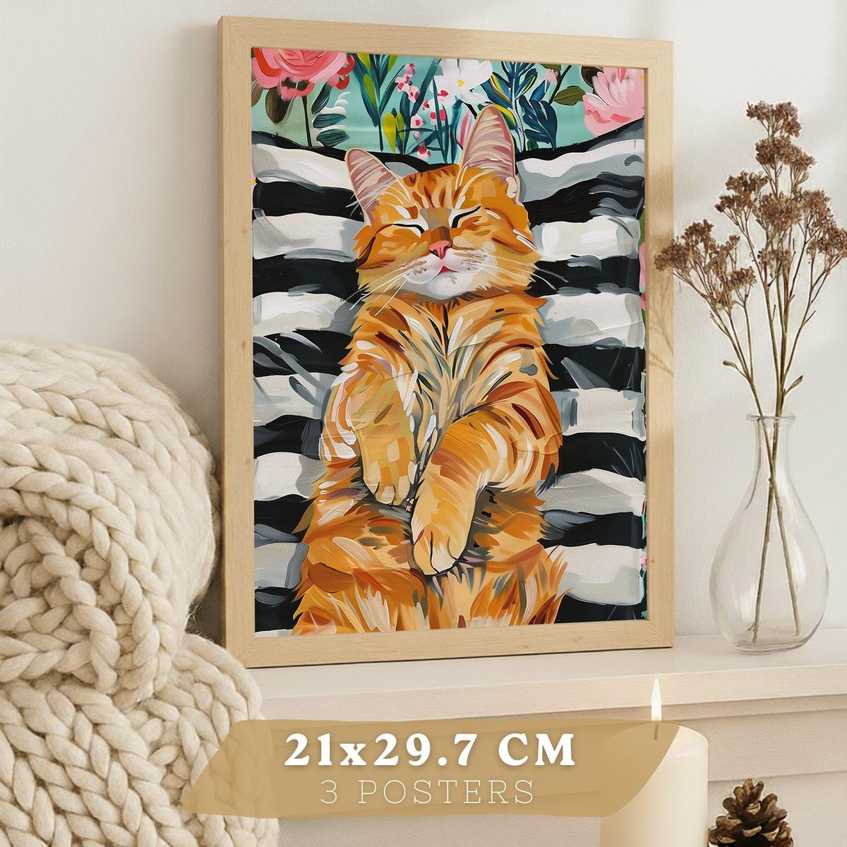 POSTER 3er Kunstdruck-Set Wandbilder Katzen modern Wohnzimmer Deko, Schlafzimmer, Küche, Badezimmer Leichter Holzrahmen A4 - Beige, Papier (29.7/1/21cm) - Nacnic