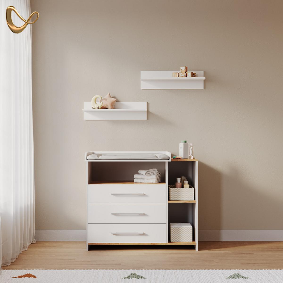 WICKELKOMMODE Torino Weiß/Goldkraft Eiche mit 3 Schubladen - Honigeiche/Weiß, Holzwerkstoff (113/93/53.1cm) - Livinity®