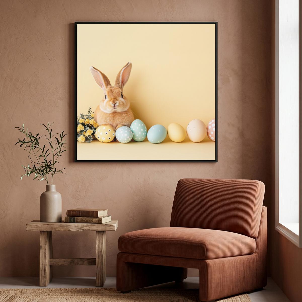 LEINWAND Bilder mit Rahmen - Eier - Kaninchen - Pastellfarbtöne - 90x90 - Hellgelb, Textil (90/90cm) - MuchoWow