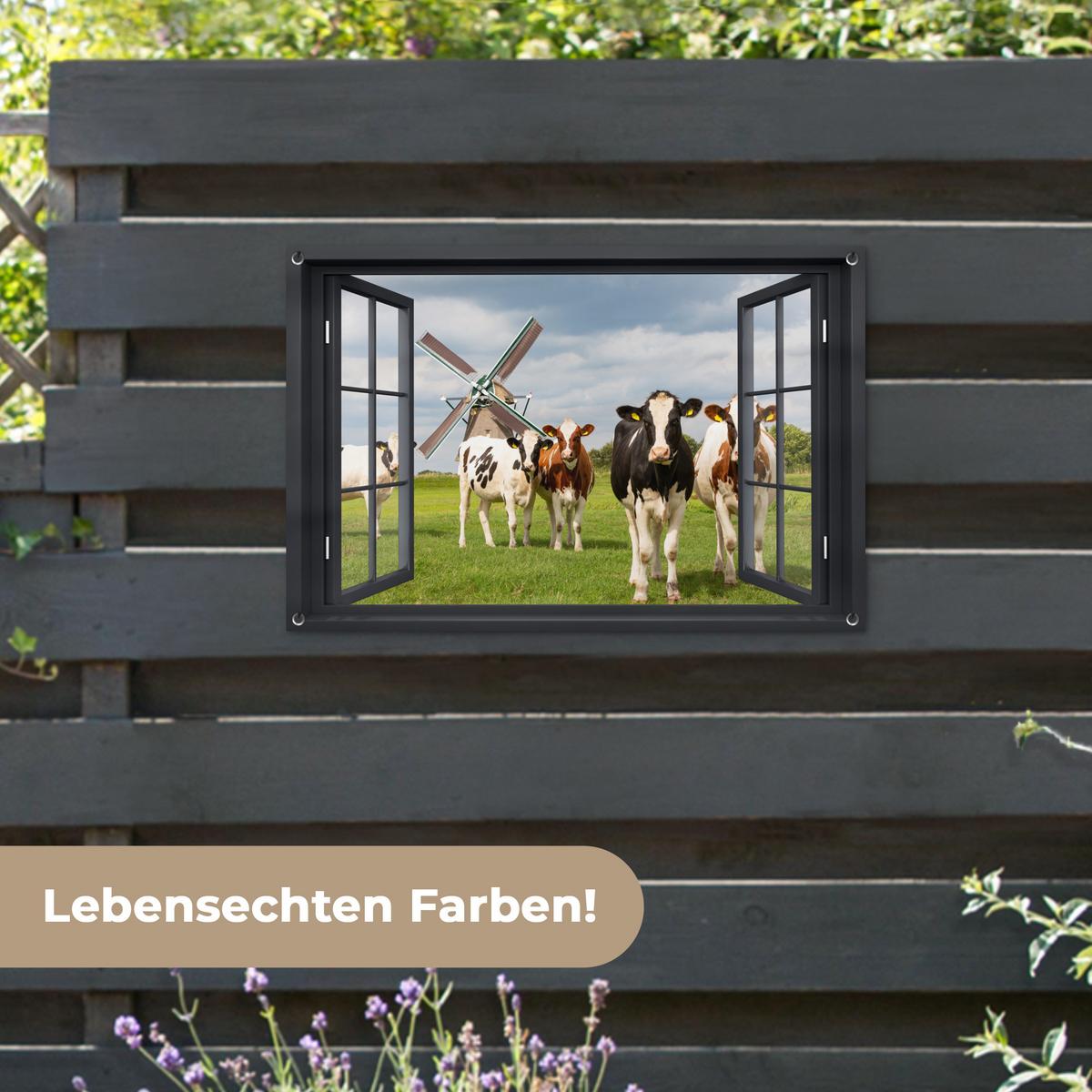 GARTENPOSTER Aussicht - Kuh - Mühle - Kühe - Wiese - Gras - Grün Gartendeko 90x60 cm - Anthrazit, Kunststoff (90/60/0.2cm) - OnlyWow