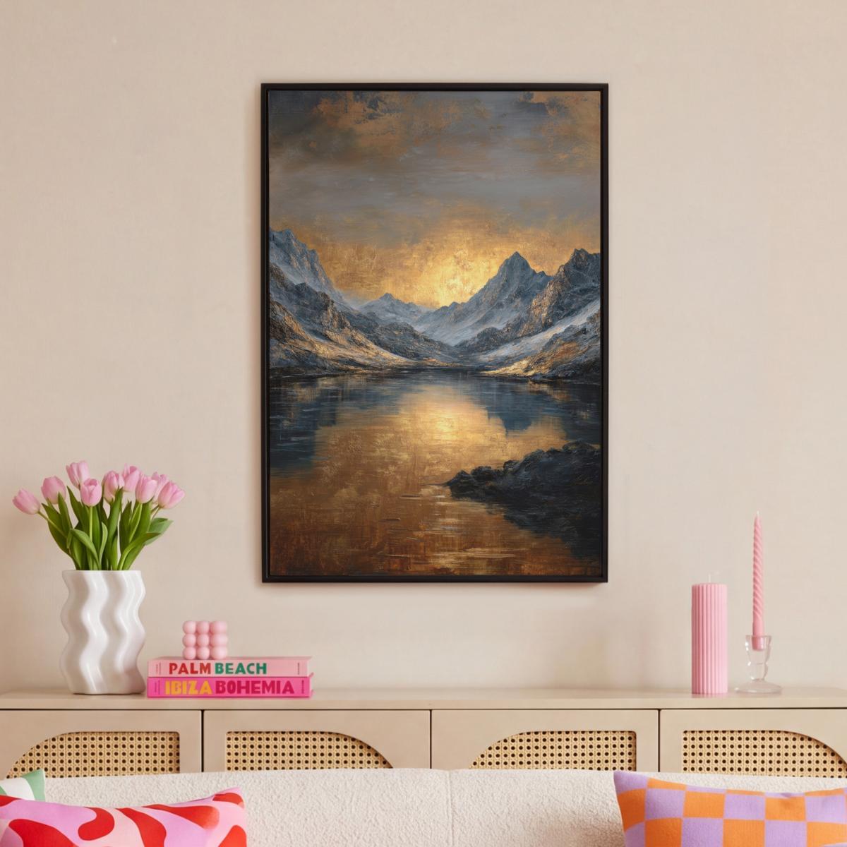 LEINWAND Bilder mit Rahmen - Bergkulisse mit goldenem Sonnenuntergang - 60x90 - Goldfarben, Textil (60/90cm) - MuchoWow