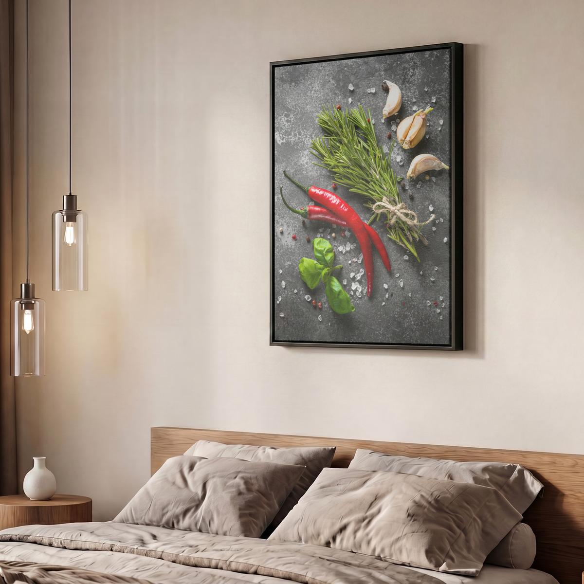 LEINWAND Bilder mit Rahmen - Pfeffer - Kräuter - Gewürze - Beton - 50x70 - Dunkelgrau, Textil (50/70cm) - MuchoWow