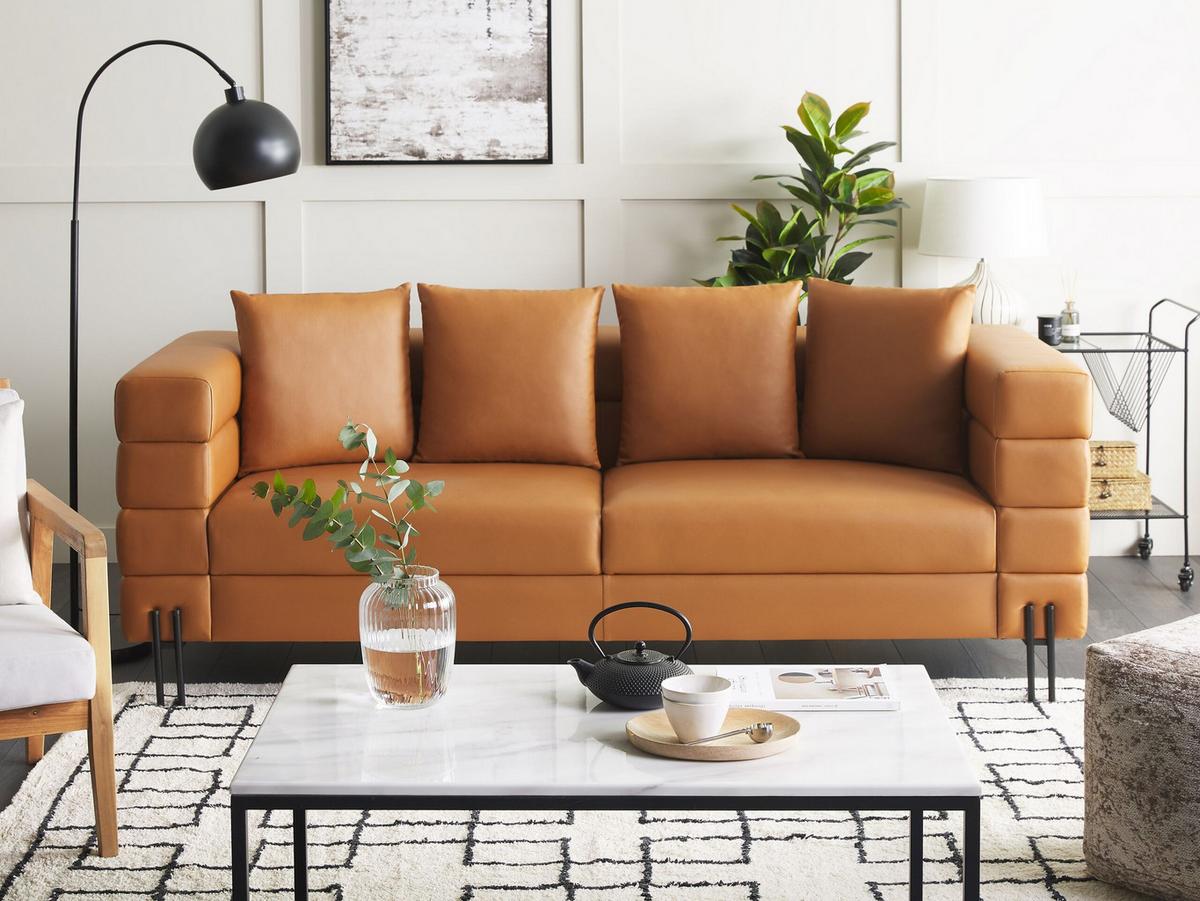 3-SITZER-SOFA Kunstleder Braun Granna - Hellbraun, Kunststoff/Textil (209/74/82cm) - Beliani