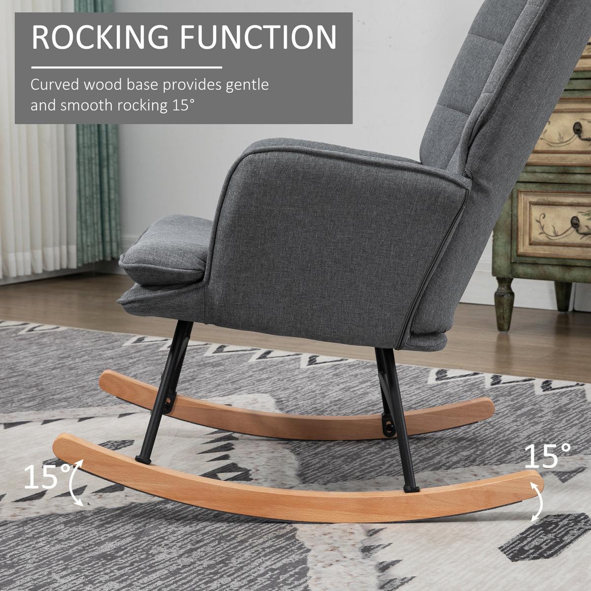 SCHAUKELSTUHL Schwingsessel mit Hocker Armlehnsessel Relaxsessel mit Leinenoptik - Buchefarben/Grau, Holz/Buchenholz (89/90/64cm) - HOMCOM