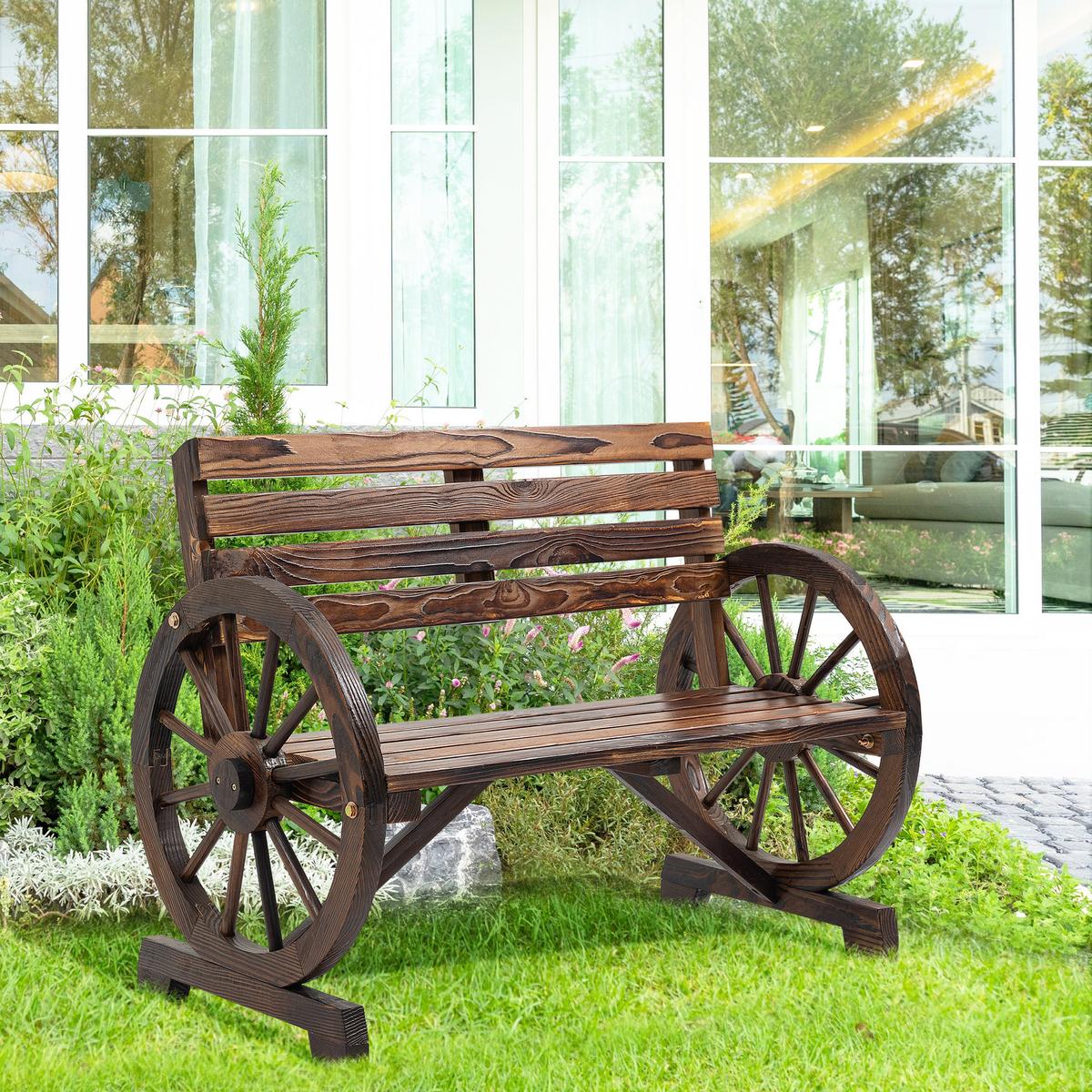 2ER-GARTENBANK Sitzbank Wagenrad-Design rustikale Holzbank für 2 Personen - Braun, Holz (56/79/105.5cm) - Outsunny